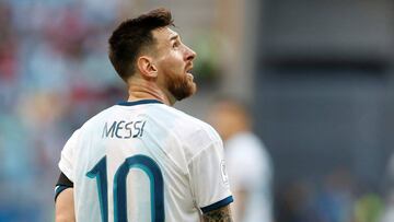 Soccer Football - Copa America Brazil 2019 - Group B - Qatar v Argentina - Arena Do Gremio, Porto Alegre, Brazil - June 23, 2019 Argentina's Lionel Messi reacts REUTERS/Diego Vara