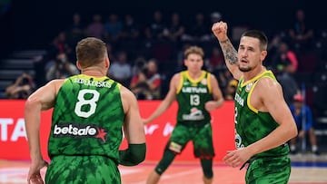 Lithuania�s Marigris Normantas (R) gestures during the FIBA Basketball World Cup second round match between USA and Lithuania at Mall of Asia Arena in Pasay City, suburban Manila on September 3, 2023. (Photo by JAM STA ROSA / AFP)