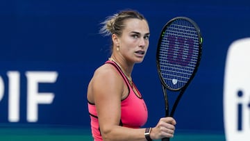 Mar 28, 2026; Miami Gardens, FL, USA; Aryna Sabalenka of Belarus reacts during her match against Coco Gauff of the United States in the final of the women’s singles at the Hard Rock Stadium. Mandatory Credit: Mike Frey-Imagn Images