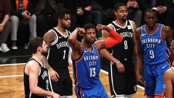 NEW YORK, NY - DECEMBER 05: Paul George #13 of the Oklahoma City Thunder celebrates a shot against the Brooklyn Nets during their game at the Barclays Center on December 5, 2018 in New York City.   Al Bello/Getty Images/AFP
 == FOR NEWSPAPERS, INTERNET, TELCOS &amp; TELEVISION USE ONLY ==