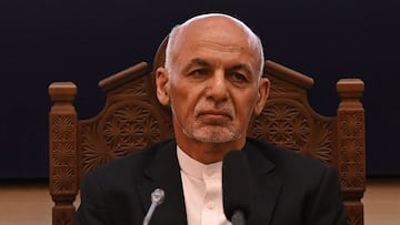 (FILES) In this file photo taken on July 28, 2021, Afghanistan&#039;s President Ashraf Ghani looks on while attending a Joint Coordination and Monitoring Board meeting (JCMB) at the Afghan presidential palace in Kabul. - Ghani said on August 15 after flee