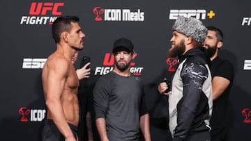 LAS VEGAS, NEVADA - JULY 08: (L-R) Rafael Dos Anjos of Brazil and Rafael Fiziev of Kazakstan face off during the UFC Fight Night weigh-in at UFC APEX on July 08, 2022 in Las Vegas, Nevada. (Photo by Chris Unger/Zuffa LLC)