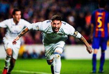 Ramos celebrates his equalising goal in El Clásico