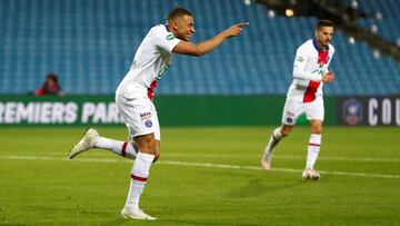 Montpellier (France), 12/05/2021.- Kylian Mbappe of Paris Saint Germain celebrates after scoring a goal against Montpellier HSC during the Coupe de France semi final soccer match between Montpellier HSC and Paris Saint Germain, in Montpellier, France, 12