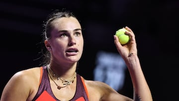 Belarus' Aryna Sabalenka reacts after scoring against Kazakhstan's Elena Rybakina during the final of the Women's WTA Finals, in Riyadh on November 8, 2025. (Photo by Fayez NURELDINE / AFP)