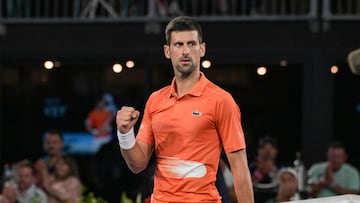 Serbia's Novak Djokovic celebrates beating Canada's Denis Shapovalov in their men's singles quarter-final match at the Adelaide International tennis tournament in Adelaide on January 6, 2023. (Photo by Brenton EDWARDS / AFP) / - IMAGE RESTRICTED TO EDITORIAL USE - STRICTLY NO COMMERCIAL USE-