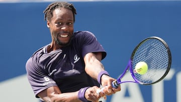 Jul 27, 2025; Toronto, ON, Canada; Gael Monfils (FRA) hits a ball to Tomas Barrios Vera (not pictured) in first round play at Sobeys Stadium. Mandatory Credit: John E. Sokolowski-Imagn Images