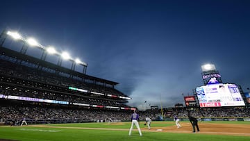 DENVER, CO - APRIL 18: A general view of the stadium as Will Klein #61 of the Los Angeles Dodgers delivers a pitch to Troy Johnston #20 of the Colorado Rockies in the sixth inning at Coors Field on April 18, 2026 in Denver, Colorado. Justin Edmonds/Getty Images/AFP (Photo by Justin Edmonds / GETTY IMAGES NORTH AMERICA / Getty Images via AFP)