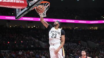 Oct 24, 2017; Portland, OR, USA; New Orleans Pelicans forward Anthony Davis (23) dunks the ball over Portland Trail Blazers in the first half at Moda Center. Mandatory Credit: Jaime Valdez-USA TODAY Sports