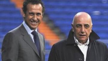 Galliani y Valdano presenciaron juntos el entrenamiento del Milán sobre el césped del Bernabéu.