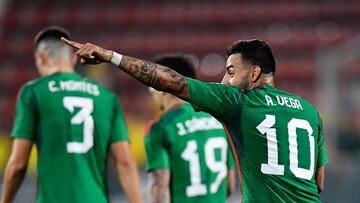 Mexico's forward Alexis Vega celebrates scoring a goal during the friendly football match between Mexico and Sweden, at the Montilivi stadium in Girona on November 16, 2022. (Photo by Pau BARRENA / AFP)