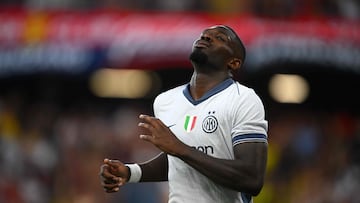 Inter Milan�s French forward #09 Marcus Thuram reacts during the Italian Serie A football match between Genoa and Inter Milan at the Luigi Ferraris Stadium in Genoa, on August 17, 2024. (Photo by MARCO BERTORELLO / AFP)