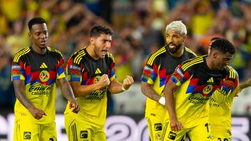 Cristian Borja, Sebastian Caceres, Jose Zuniga, Rodrigo Aguirre, Erick Sanchez, Brian Rodriguez (R) of America during the match between America and Minnesota United FC as part of Phase One of the Leagues Cup 2025 at Shell Energy Stadium on August 02, 2024 in Houston, Texas, United States.
