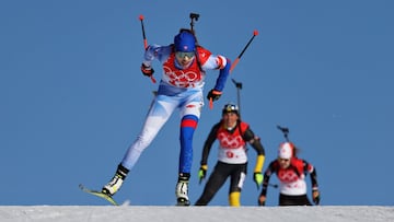 Ivona Fialkova of Team Slovakia skis during the first leg of the Women&#039;s Biathlon 4x6km Relay on day 12 of 2022 Beijing Winter Olympics at National Biathlon Centre on February 16, 2022 in Zhangjiakou, China. 