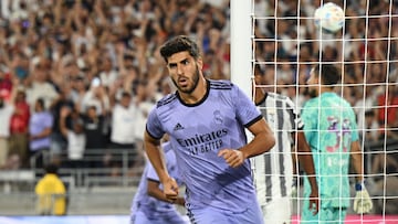 Real Madrid's Spanish midfielder Marco Asensio reacts after scoring a goal during the international friendly football match between Real Madrid and Juventus at the Rose Bowl in Pasadena, California, on July 30, 2022. (Photo by Robyn BECK / AFP)