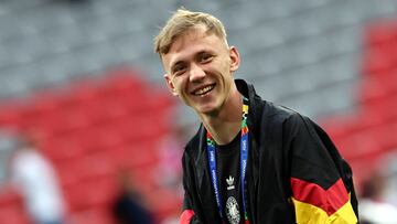 Munich (Germany), 14/06/2024.- Maximilian Beier of Germany reacts prior to the the UEFA EURO 2024 group A match between Germany and Scotland in Munich, Germany, 14 June 2024. (Alemania) EFE/EPA/ANNA SZILAGYI
