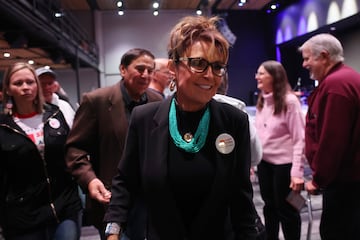 Former Governor of Alaska and Republican candidate for Congress, Sarah Palin, joins other Alaskan Republicans at a Get Out The Vote event hosted by the Alaska Republican Party on November 06, 2022 in Anchorage, Alaska.