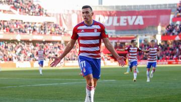 Myrto Uzuni, of Granada CF scores the first goal of the game during the La Liga Smartbank match between Granada CF and FC Andorra at Nuevo Los Carmenes Stadium on 28 January, 2023 in Granada, Spain.
(Photo by ?lex C¨¢mara/NurPhoto via Getty Images)