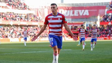 Myrto Uzuni, of Granada CF  scores the first goal of the game during the La Liga Smartbank match between Granada CF and FC Andorra at Nuevo Los Carmenes Stadium on 28 January, 2023 in Granada, Spain. 
 (Photo by Álex Cámara/NurPhoto via Getty Images)