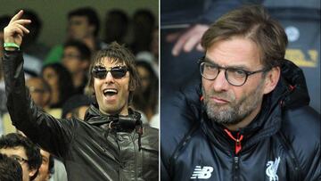 Im&aacute;genes del cantante y ex de Oasis Liam Gallagher en la grada de un estadio de f&uacute;tbol y del entrenador J&uuml;rgen Klopp con rostro serio en el banquillo del Liverpool