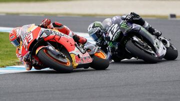 Marc Marquez of Spain of Repsol Honda Team leads Maverick Vinales of Spain of Yamaha Factory Racing in action in the Moto GP race on Day Three of the 2019 Australian Motorcycle Grand Prix on Phillip Island in Victoria, Australia, October 27, 2019. AAP Image/Michael Dodge /via REUTERS  ATTENTION EDITORS - THIS IMAGE WAS PROVIDED BY A THIRD PARTY. NO RESALES. NO ARCHIVE. AUSTRALIA OUT. NEW ZEALAND OUT. NO COMMERCIAL OR EDITORIAL SALES IN NEW ZEALAND. NO COMMERCIAL OR EDITORIAL SALES IN AUSTRALIA.