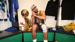 BOSTON, MA - JUNE 16: Stephen Curry #30 of the Golden State Warriors celebrates with the Bill Russell NBA Finals MVP Award after Game Six of the 2022 NBA Finals on June 16, 2022 at TD Garden in Boston, Massachusetts. NOTE TO USER: User expressly acknowledges and agrees that, by downloading and or using this photograph, user is consenting to the terms and conditions of Getty Images License Agreement. Mandatory Copyright Notice: Copyright 2022 NBAE (Photo by Nathaniel S. Butler/NBAE via Getty Images)