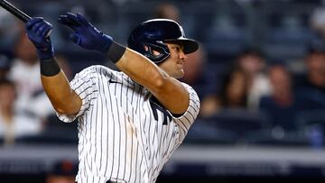 NEW YORK, NEW YORK - SEPTEMBER 5: Jasson Dominguez #89 of the New York Yankees hits a double in the eighth inning against the Detroit Tigers during a game at Yankee Stadium on September 5, 2023 in New York City. The Yankees defeated the Tigers 5-1.   Rich Schultz/Getty Images/AFP (Photo by Rich Schultz / GETTY IMAGES NORTH AMERICA / Getty Images via AFP)