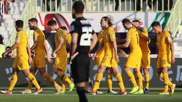 Australia&#039;s forward Apostolos Giannou (3rd-R) celebrates after scoring a goal during the 2019 AFC Asian Cup group B football match between Palestine and Australia at the Maktoum Bin Rashid Al-Maktoum Stadium in Dubai on January 11, 2019. (Photo by Ka