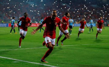 Soccer Football - CAF Champions League - Final - Al Ahly vs Wydad Casablanca - Borg El Arab Stadium, Alexandria, Egypt - October 28, 2017   Al Ahly's Momen Zakaria celebrates scoring their first goal   