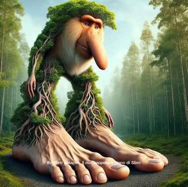 Este personaje es un híbrido entre un bosque de árboles y un mono con pies gigantes.