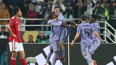 Real Madrid's Spanish midfielder Sergio Arribas (C-R) celebrates with teammates after scoring the fourth goal during the FIFA Club World Cup semi-final football match between Egypt's Al-Ahly and Spain's Real Madrid at the Prince Moulay Abdellah Stadium in Rabat on February 8, 2023. (Photo by FADEL SENNA / AFP)