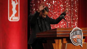 Sep 09, 2016; Springfield, MA, USA; Allen Iverson speaks at the Springfield Symphony Hall during the 2016 Naismith Memorial Basketball Hall of Fame Enshrinement Ceremony. Mandatory Credit: David Butler II-USA TODAY Sports