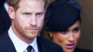 Britain's Prince Harry, Duke of Sussex and Meghan, Duchess of Sussex leave after a service for the reception of Queen Elizabeth II's coffin at Westminster Hall, in the Palace of Westminster in London on September 14, 2022, where the coffin will Lie in State. - Queen Elizabeth II will lie in state in Westminster Hall inside the Palace of Westminster, from Wednesday until a few hours before her funeral on Monday, with huge queues expected to file past her coffin to pay their respects. (Photo by Danny Lawson / POOL / AFP) (Photo by DANNY LAWSON/POOL/AFP via Getty Images)