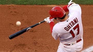 ANAHEIM, CALIFORNIA - JULY 14: Shohei Ohtani #17 of the Los Angeles Angels connects for a single during the first inning of a game against the Houston Astros at Angel Stadium of Anaheim on July 14, 2023 in Anaheim, California.   Sean M. Haffey/Getty Images/AFP (Photo by Sean M. Haffey / GETTY IMAGES NORTH AMERICA / Getty Images via AFP)