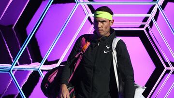 Spain's Rafael Nadal arrives on the court to play against US' Paul Tommy for their men's singles round of 16 tennis match on day three of the ATP World Tour Masters 1000 - Paris Masters (Paris Bercy) - indoor tennis tournament at The AccorHotels Arena in Paris on November 2, 2022. (Photo by Christophe ARCHAMBAULT / AFP)