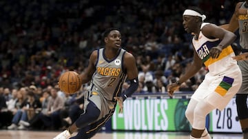 Feb 4, 2019; New Orleans, LA, USA; Indiana Pacers guard Darren Collison (2) drives in against New Orleans Pelicans guard Jrue Holiday (11) during the second quarter at the Smoothie King Center. Mandatory Credit: Derick E. Hingle-USA TODAY Sports