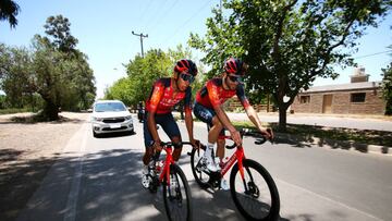 SAN JUAN, ARGENTINA - JANUARY 20: (L-R) Egan Arley Bernal Gomez of Colombia and Filippo Ganna of Italy and Team INEOS Grenadiers during the 39th Vuelta a San Juan International 2023 - Training Session on January 20, 2023 in San Juan, Argentina. (Photo by Maximiliano Blanco/Getty Images)