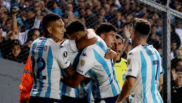 Soccer Football - Copa Libertadores - Group A - Racing Club v Aucas - Estadio Presidente Juan Domingo Peron, Buenos Aires, Argentina - April 20, 2023 Racing Club's Maxi Romero celebrates scoring their first goal with teammates REUTERS/Cristina Sille