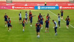 Los internacionales españoles, durante el entrenamiento en el césped de La Cartuja.