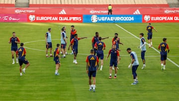 Los internacionales españoles, durante el entrenamiento en el césped de La Cartuja.