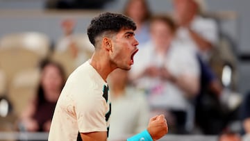 Tennis - French Open - Roland Garros, Paris, France - May 30, 2025 Spain's Carlos Alcaraz reacts during his third round match against Bosnia's Damir Dzumhur REUTERS/Denis Balibouse
