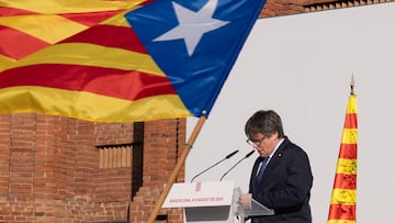 El expresidente de la Generalitat de Catalunya Carles Puigdemont interviene en un acto de bienvenida organizado por entidades independentistas en el paseo Lluís Companys, a 8 de agosto de 2024, en Barcelona, Catalunya (España). Dicha concentración ha sido convocada por entidades independentistas, con la asistencia de Junts, ERC, CUP, ANC, Òmnium Cultural, CDR y Associació de Municipis per la Independència (AMI). Puigdemont tiene previsto asistir a este acto de bienvenida para después participar en el pleno de investidura del líder del PSC, casi siete años después de instalarse en Bélgica por las consecuencias judiciales del 'procés', y con una orden de detención.
08 AGOSTO 2024
David Zorrakino / Europa Press
08/08/2024