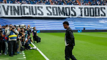 MADRID, 24/05/2023.- El jugador del Real Madrid Vinicius Jr. participa en un acto con motivo de los casos de racismo ocurridos en el partido anterior ante el Valencia este miércoles, previo al partido de LaLiga entre el Rayo Vallecano y el Real Madrid, en el estadio Santiago Bernabéu de Madrid. EFE/ Rodrigo Jiménez
