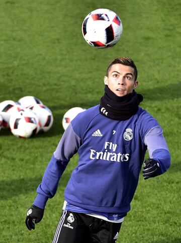 Real Madrid's Portuguese forward Cristiano Ronaldo seemed to train well at Valdebebas on the eve of the Spanish Copa del Rey (King's Cup) match Real Madrid CF vs Sevilla FC.