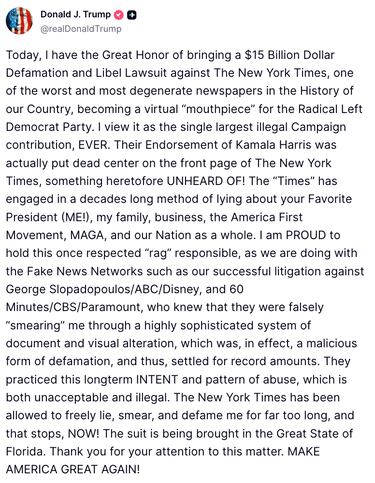 ¿Por qué Donald Trump demandó al New York Times? El presidente exige 15 billones de dólares 