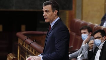 El presidente del Gobierno, Pedro S&aacute;nchez, interviene en el debate de la quinta pr&oacute;rroga del estado de alarma que se celebra este mi&eacute;rcoles en el Congreso de los Diputados.