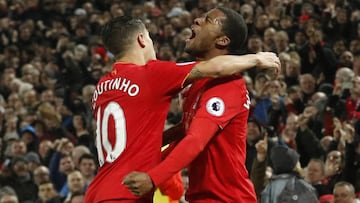 Britain Football Soccer - Liverpool v Chelsea - Premier League - Anfield - 31/1/17 Liverpool's Georginio Wijnaldum celebrates scoring their first goal with Philippe Coutinho Action Images via Reuters / Carl Recine Livepic EDITORIAL USE ONLY. No use