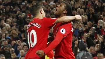 Britain Football Soccer - Liverpool v Chelsea - Premier League - Anfield - 31/1/17 Liverpool&#039;s Georginio Wijnaldum celebrates scoring their first goal with Philippe Coutinho  Action Images via Reuters / Carl Recine Livepic EDITORIAL USE ONLY. No use 