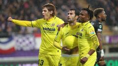 Villarreal's Manu Trigueros celebrates after scoring during the match between Belgian soccer team RSC Anderlecht and Spanish Villarreal CF, the first leg of the round of 16 of the UEFA Europa Conference League competition, in Anderlecht, Brussels, Thursday 09 March 2023. BELGA PHOTO VIRGINIE LEFOUR (Photo by VIRGINIE LEFOUR / BELGA MAG / Belga via AFP) (Photo by VIRGINIE LEFOUR/BELGA MAG/AFP via Getty Images)