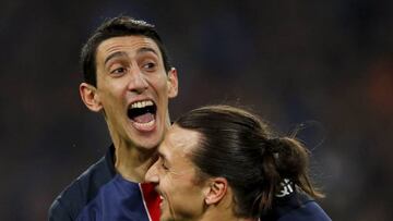 Football Soccer - Olympique Marseille v Paris St Germain - French Ligue 1 - Velodrome stadium, 07/02/2016Paris St Germain's Angel Di Maria (L) reacts with team mate Zlatan Ibrahimovic after scoring against Olympique Marseille.